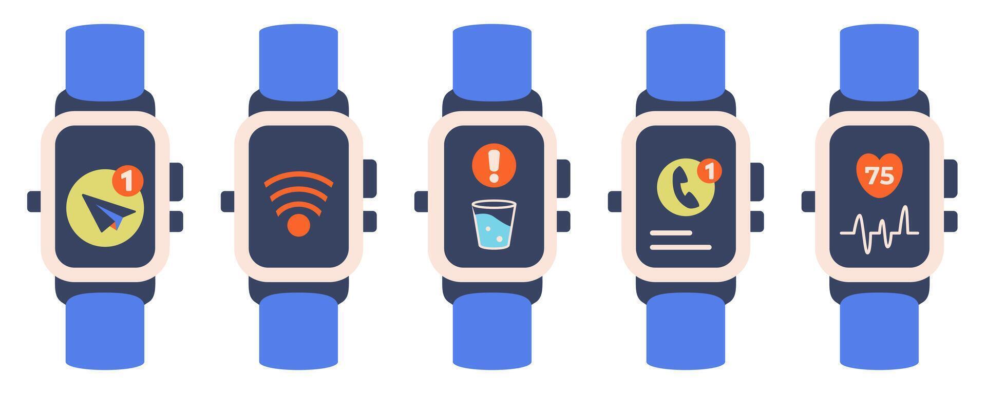 Smartwatch icons isolated. Electronic gadgets set. Hand watch with Heart Rate, Messages, Ringing sign, wireless signal, drinking Water. Smart watch top view. Digital watch with App icons. vector