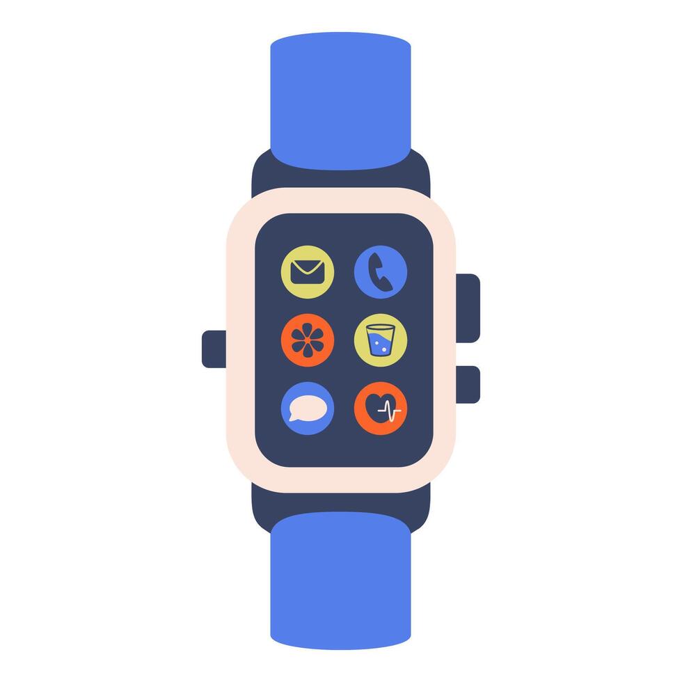 Hand watch Smartwatch icon set. Universal Smartwatch with Square watch screen and blue strap. Fashion Digital watch with app icons. Fitness tracker. Modern smart gadget top view. illustration vector