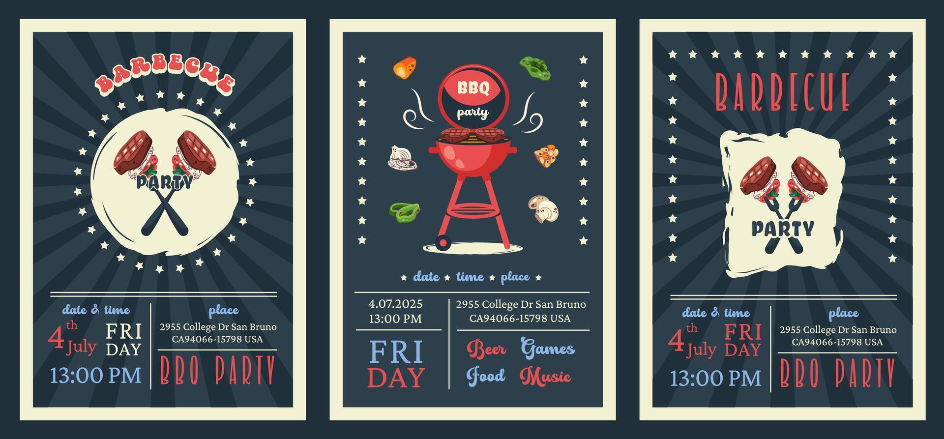 BBQ party. American 4th of July Celebration. Set of Set of barbecue invitation. Holiday card, poster, banner, flyer template for bbq picnic. illustration vector