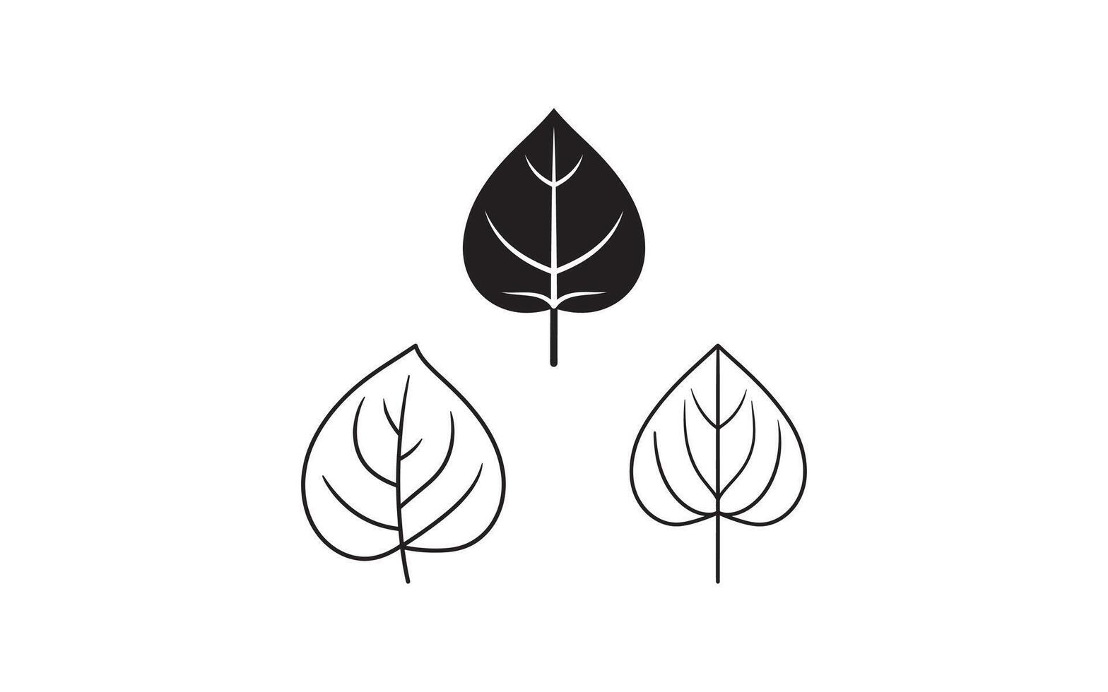 Stylized artwork showcasing three unique leaf designs in black and white, representing simplicity, nature, and minimalistic aesthetics. Ideal for eco-friendly themes and nature-inspired branding. vector