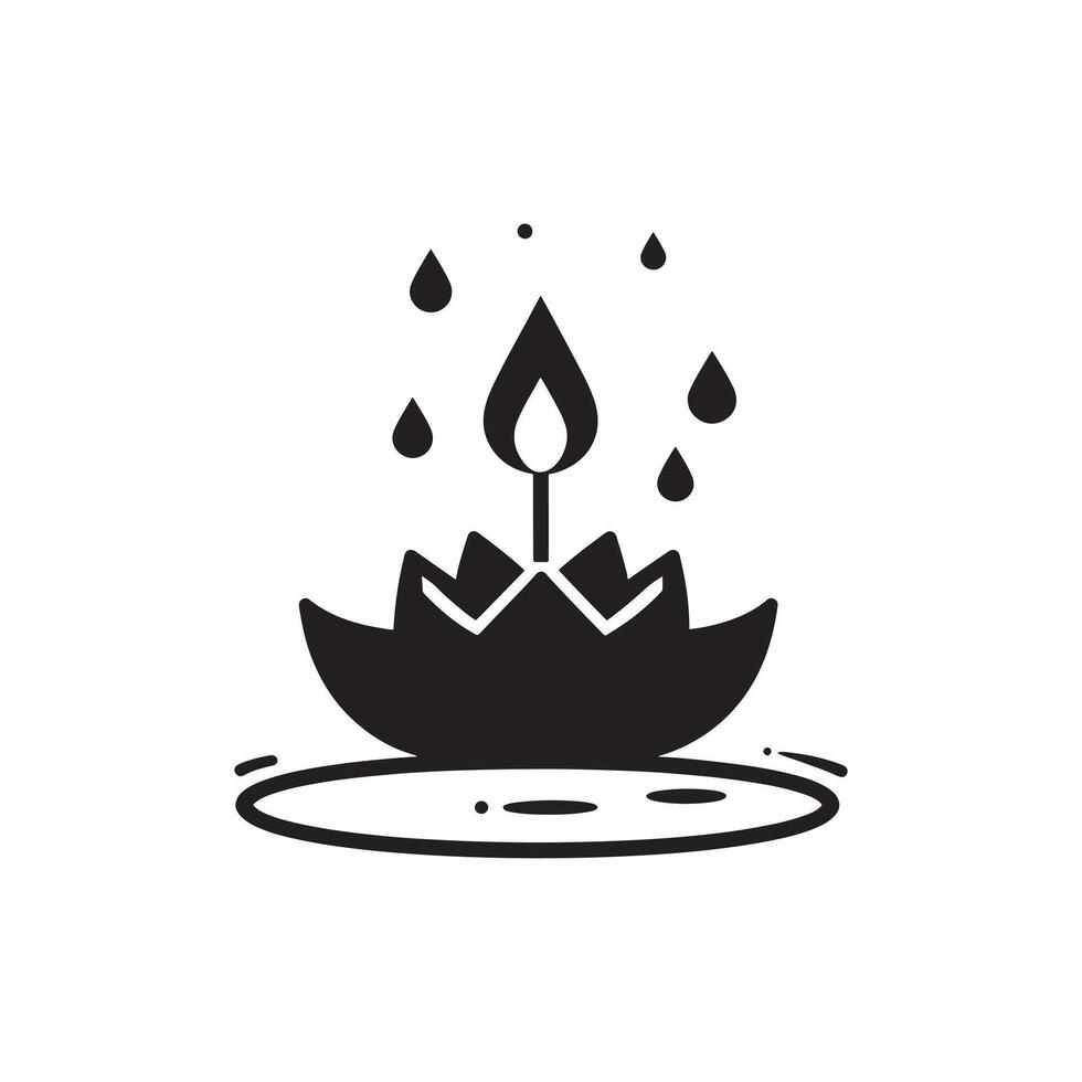 A black and white silhouette showcasing a candle within a lotus flower, symbolizing peace, focus, and spiritual growth, accompanied by water droplets depicting tranquility and the essence of nature. vector