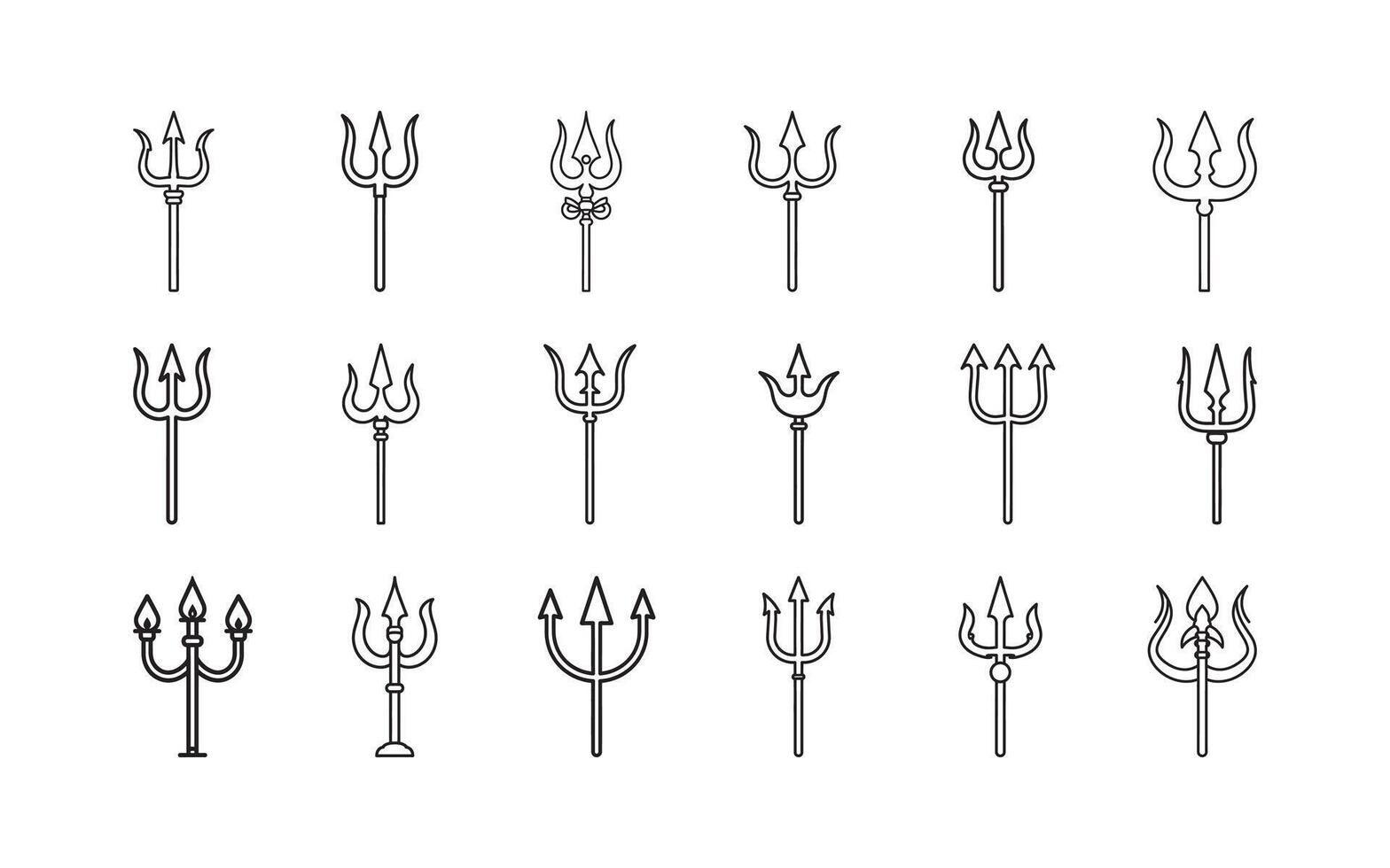 A diverse set of trident-themed icons drawn with clean lines, showcasing distinct shapes and styles for creative and symbolic design applications. vector