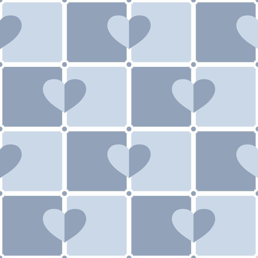seamless pattern with gray hearts and squares. Geometric repeating gingham pattern, blue striped texture. vector