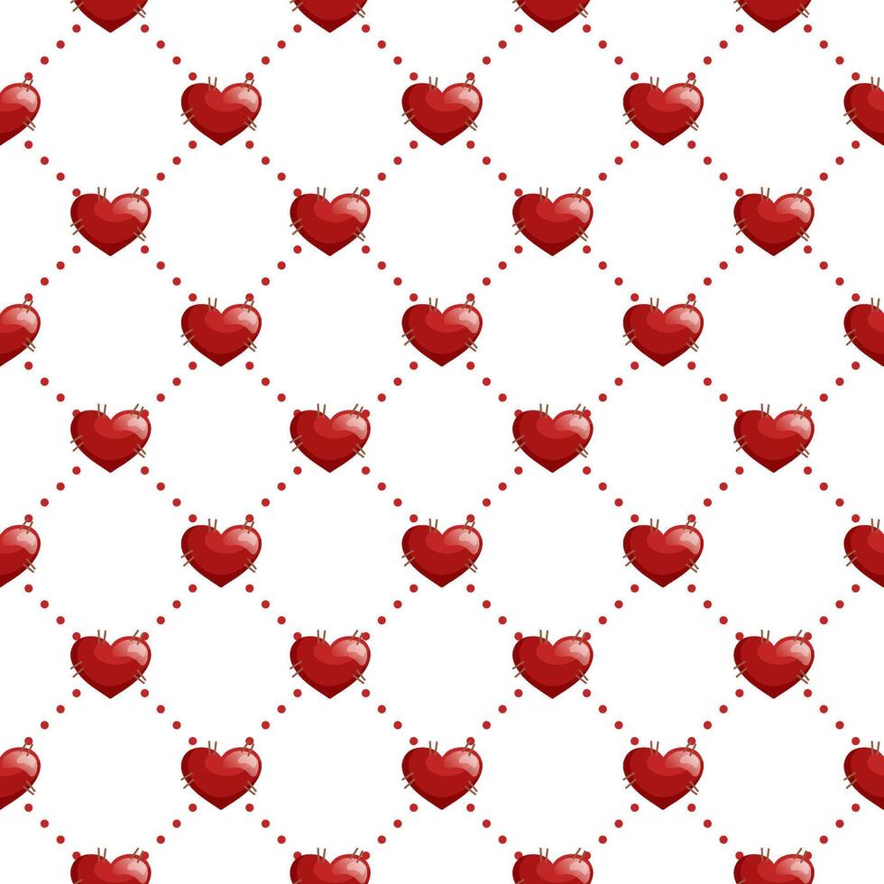 Seamless pattern with hearts. Geometric red repeating texture of dotted rhombuses with hearts in nodes. vector