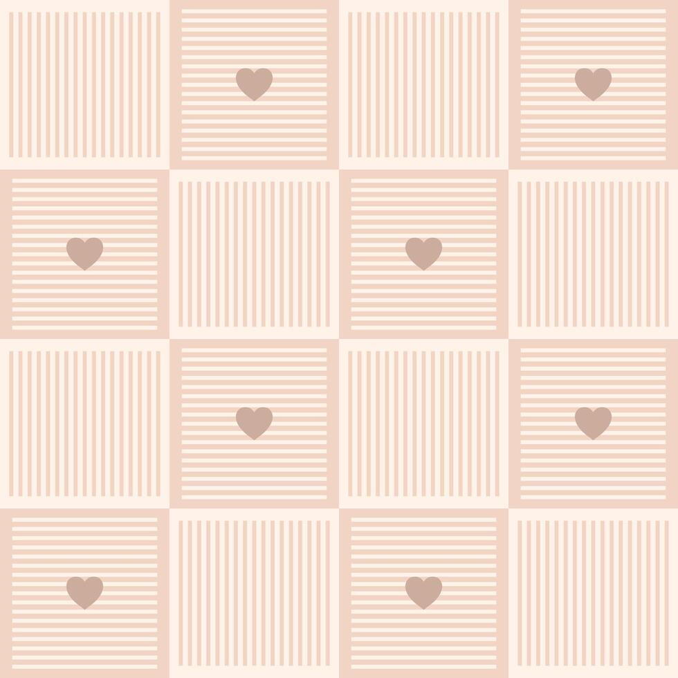Seamless pattern with hearts and squares Geometric repeating gingham pattern, pastel striped texture vector