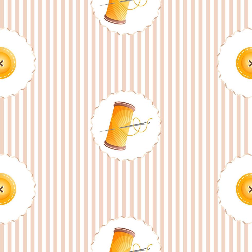 Seamless striped pattern with sewing thread and needle in openwork circle. Repeating vertical pattern of thin stripes. vector