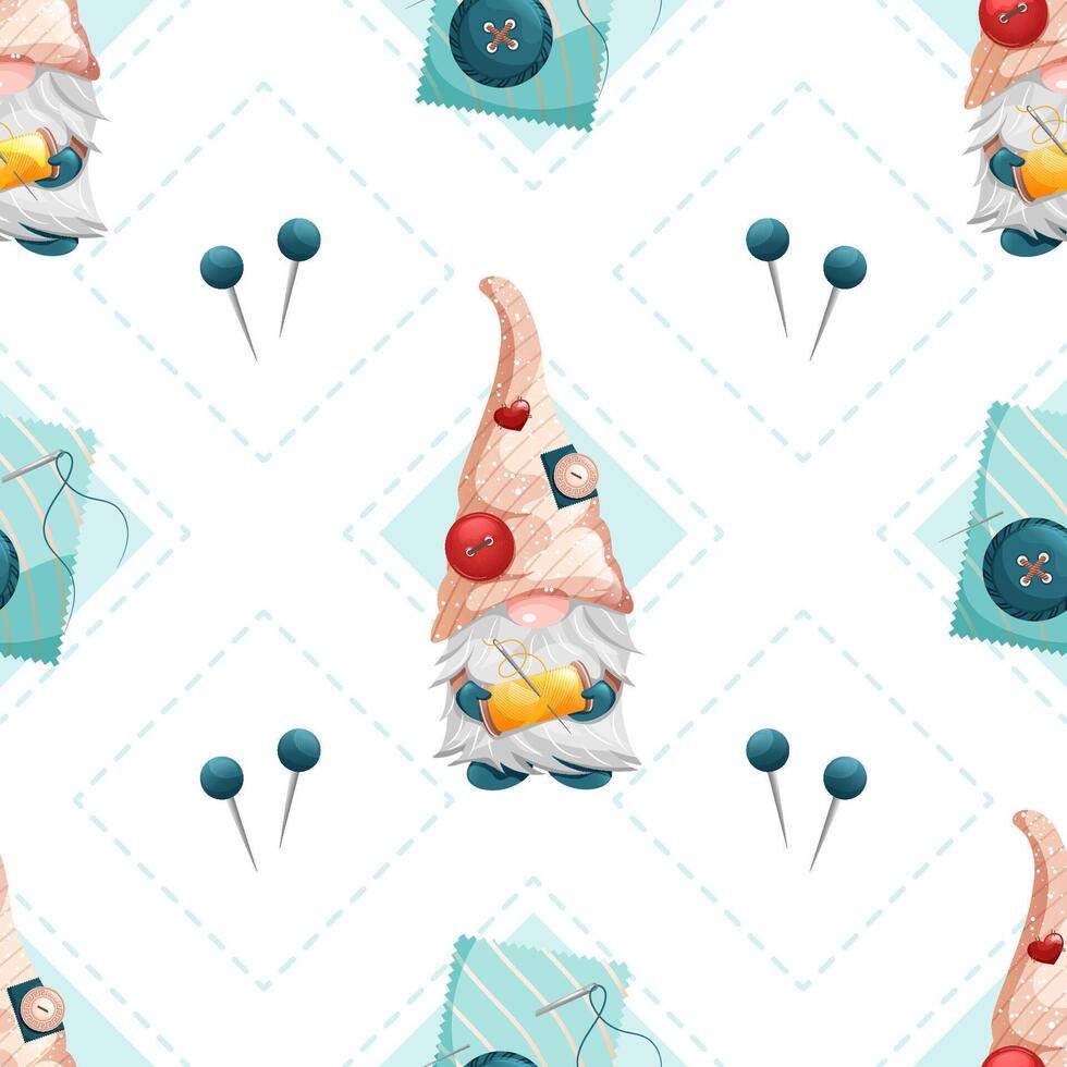 Seamless rhombus pattern with cute gnomes and thread for sewing and needlework. Geometric sewing texture. vector
