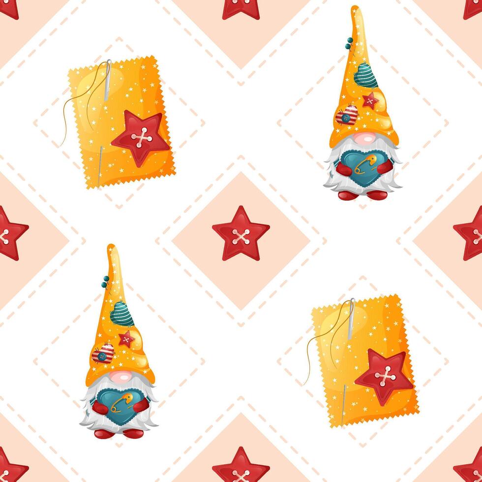 Seamless rhombus pattern with cute gnomes and star buttons. Geometric sewing texture. vector