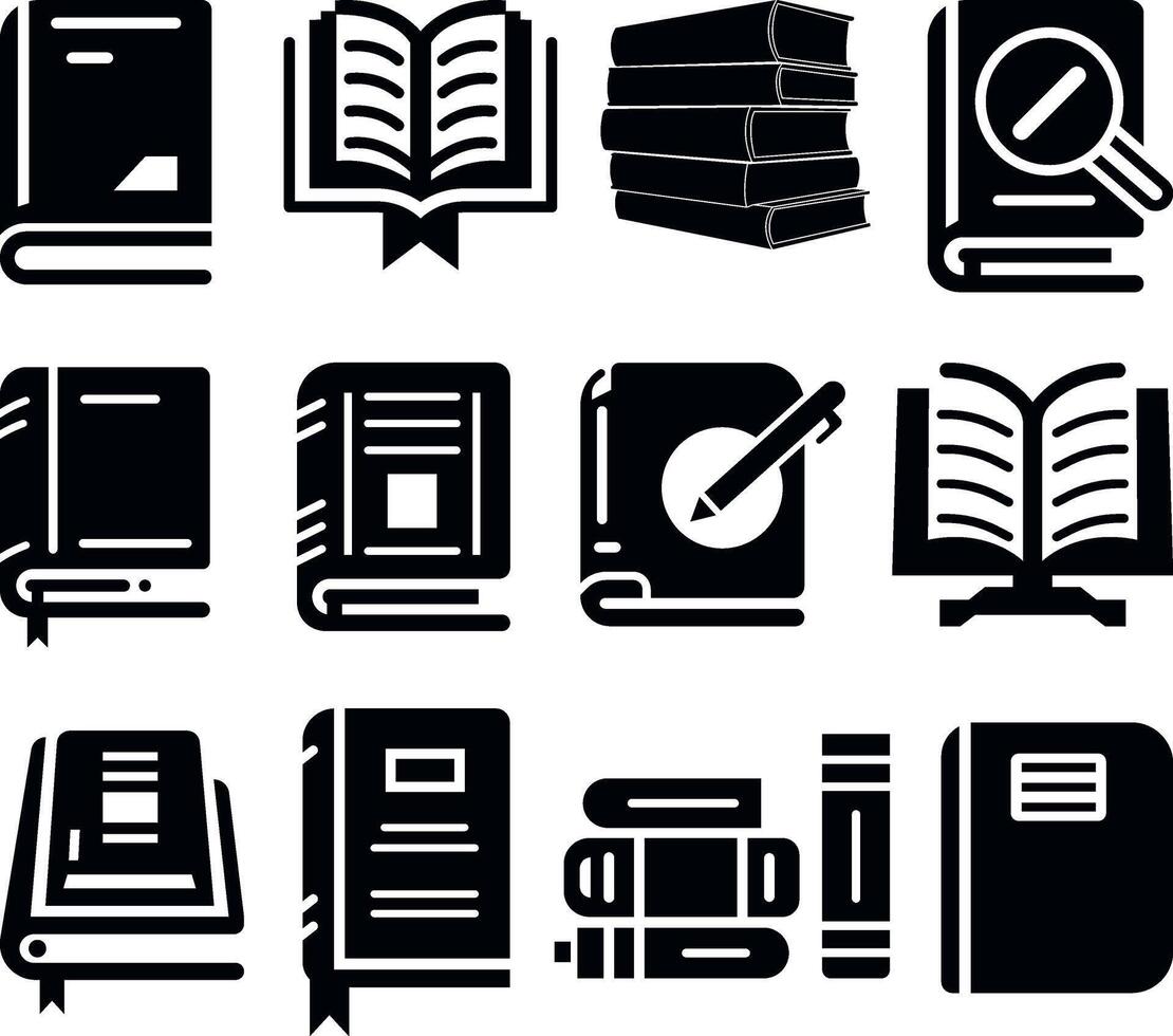 A set of twelve diverse book icons in a solid black silhouette style. vector