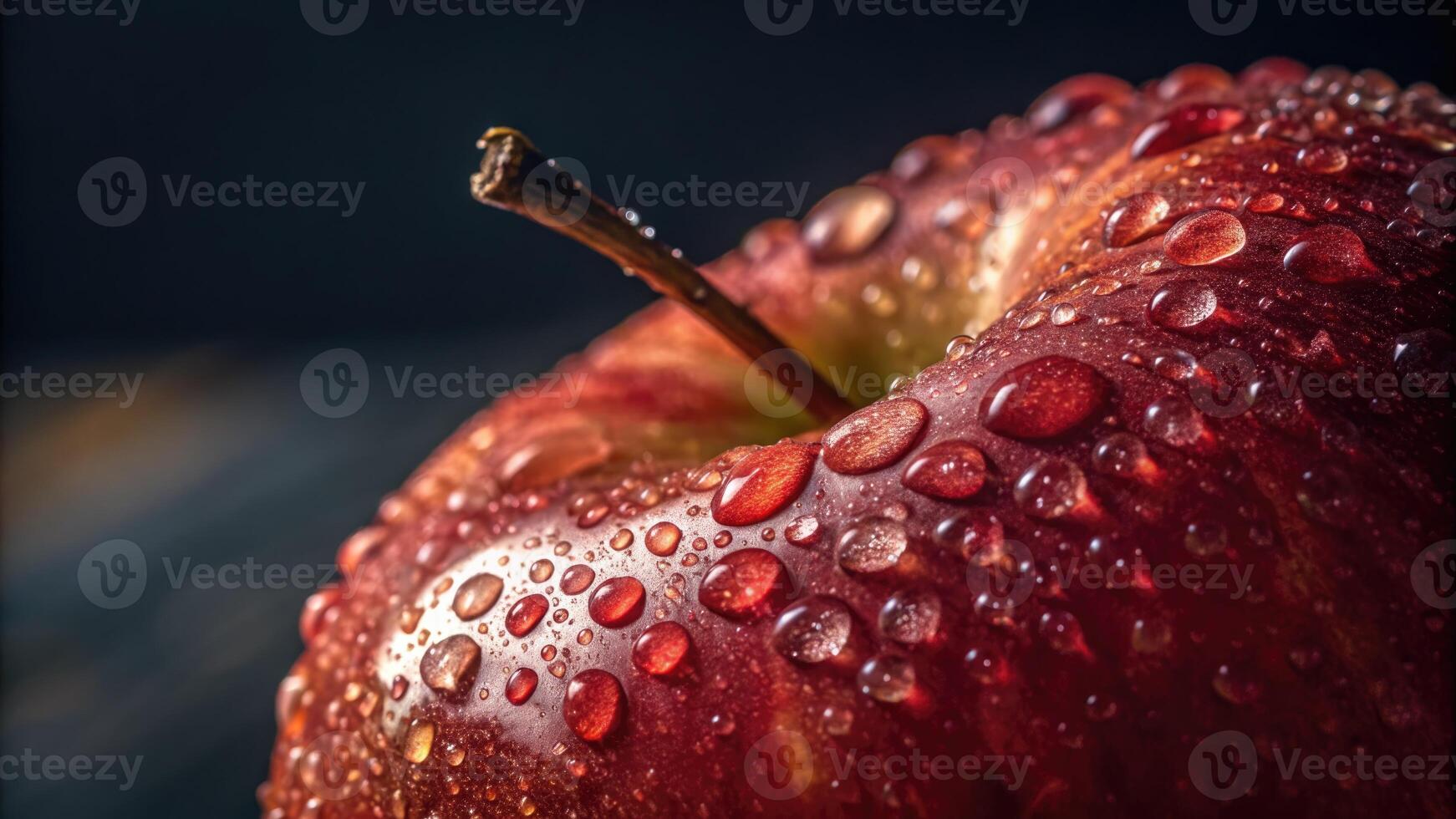 Close up of a red apple with water droplets, a symbol of health. photo