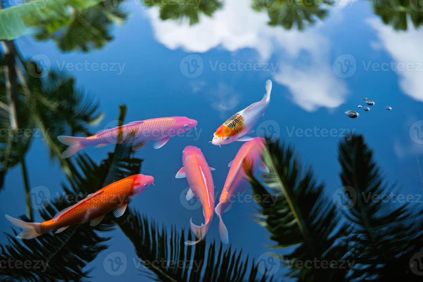Koi fish gracefully swim in a tranquil pond with reflections of clouds and palm trees. photo
