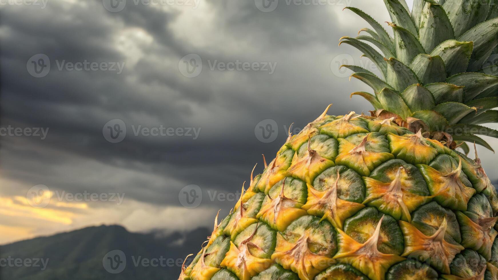 Close up of a ripe pineapple with a moody sky and mountain backdrop. photo