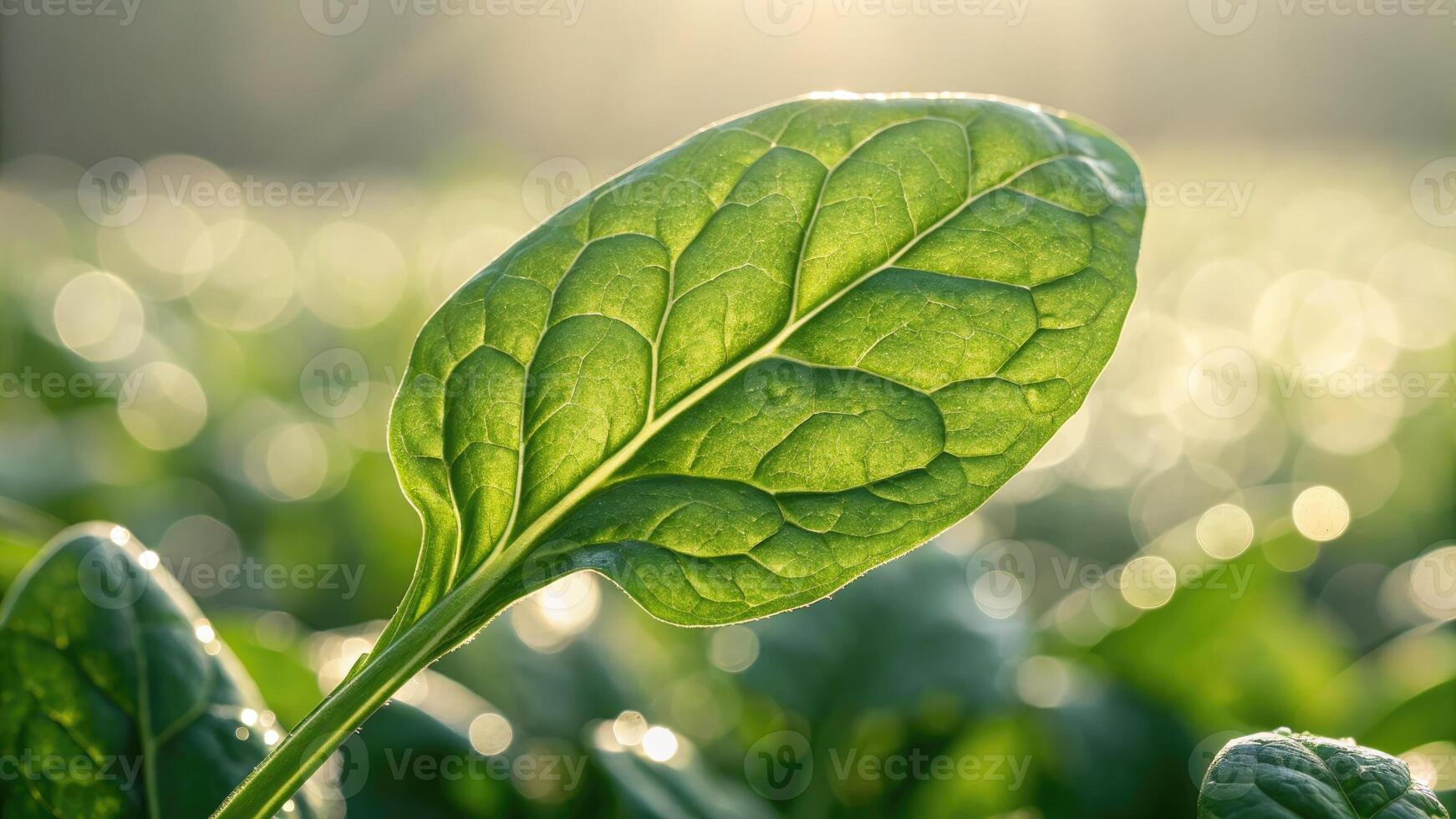 A close up showcases a healthy green spinach leaf bathed in sunlight with a blurred background. photo