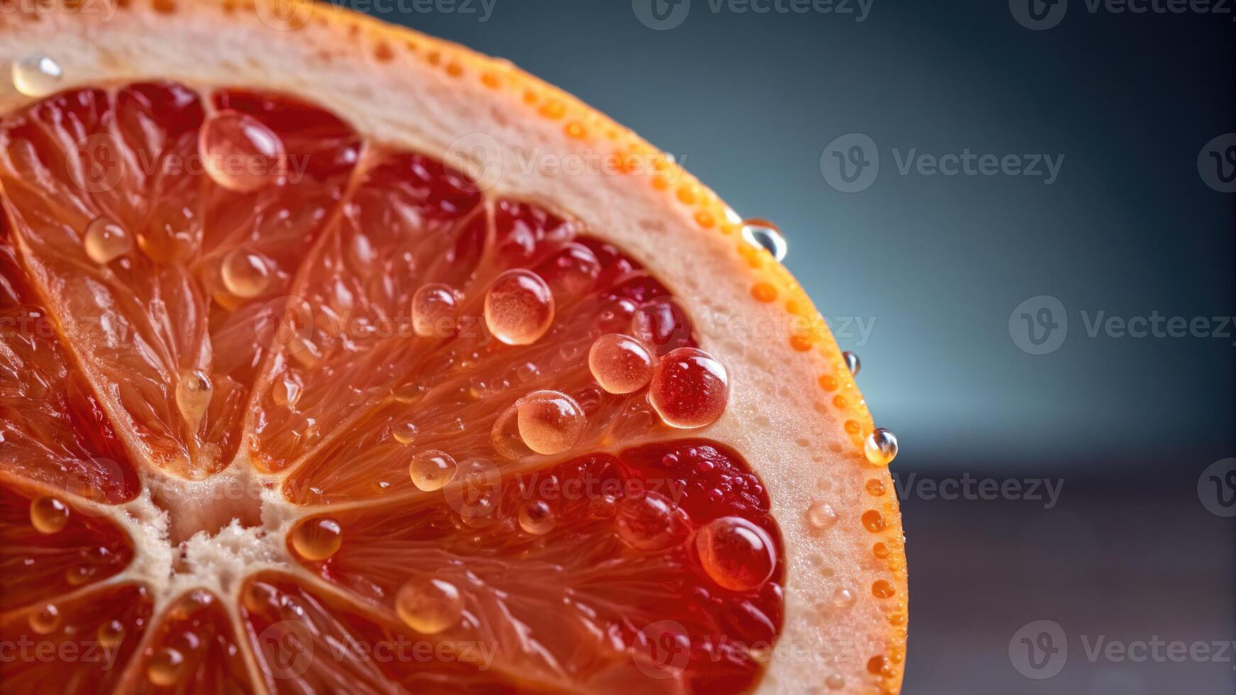 Close up of a juicy grapefruit slice with water droplets. photo