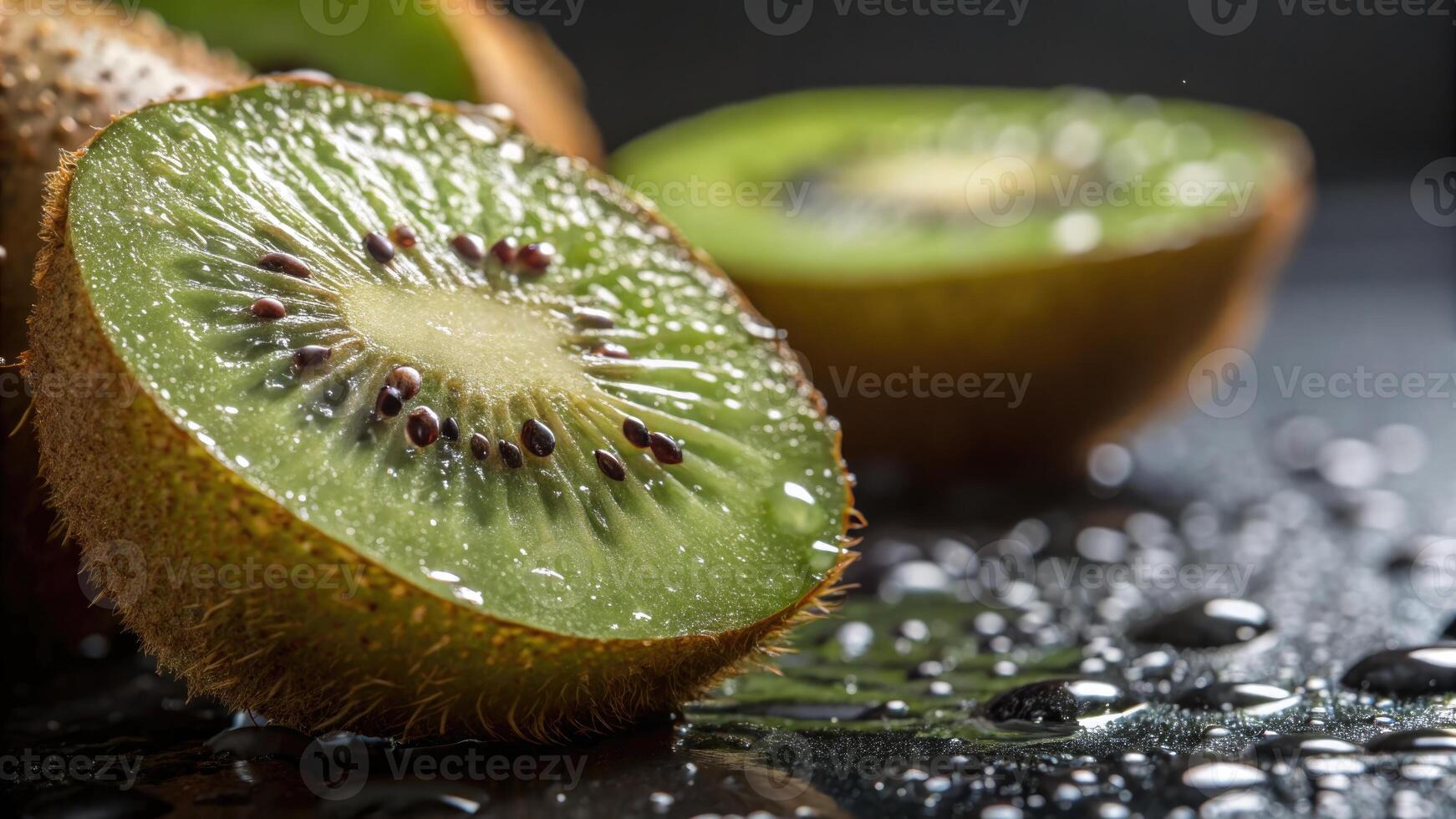 A close up of a fresh, juicy kiwi fruit, with water droplets on a dark surface. photo