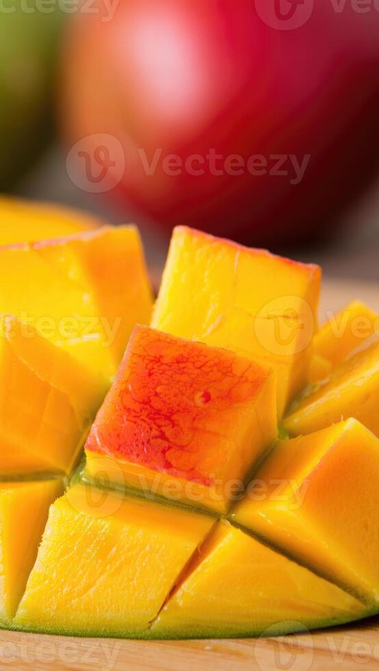 Close up shot of freshly cut mango cubes, showcasing their vibrant color and juicy texture. photo