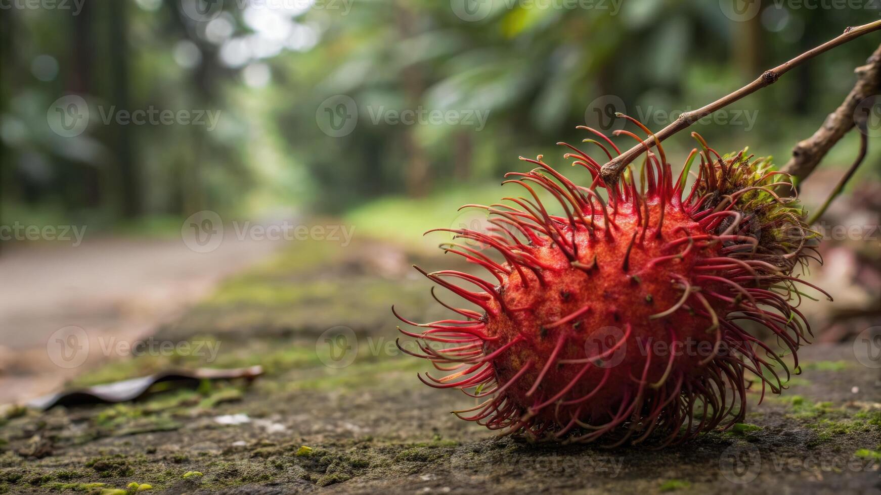 Close up of a vibrant red rambutan fruit with a textured, spiky skin and fresh look. photo