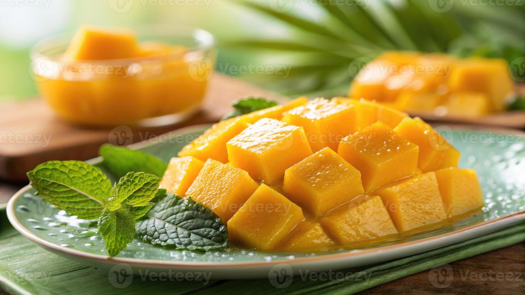Close up of juicy, diced mango served with mint on a decorative plate. photo