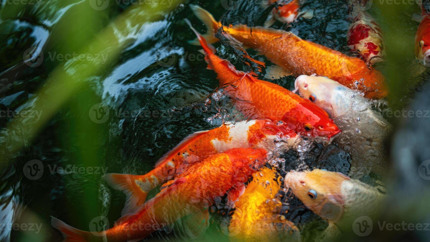 A group of koi fish swimming in a pond with beautiful colors and patterns. photo