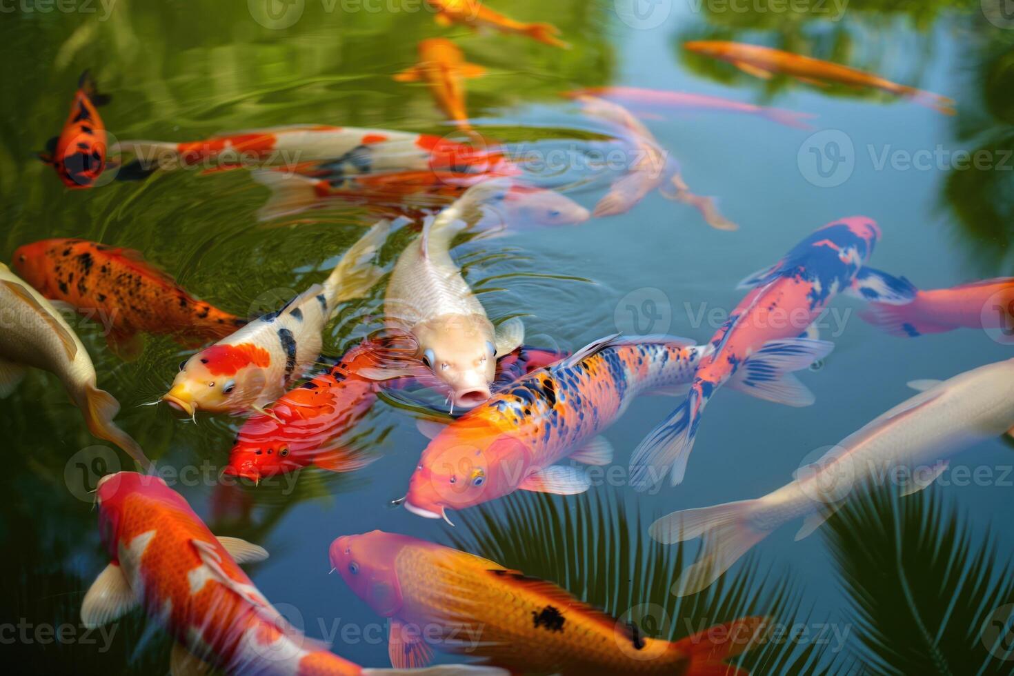 Vibrant koi fish swim in a pond, creating a beautiful scene. photo