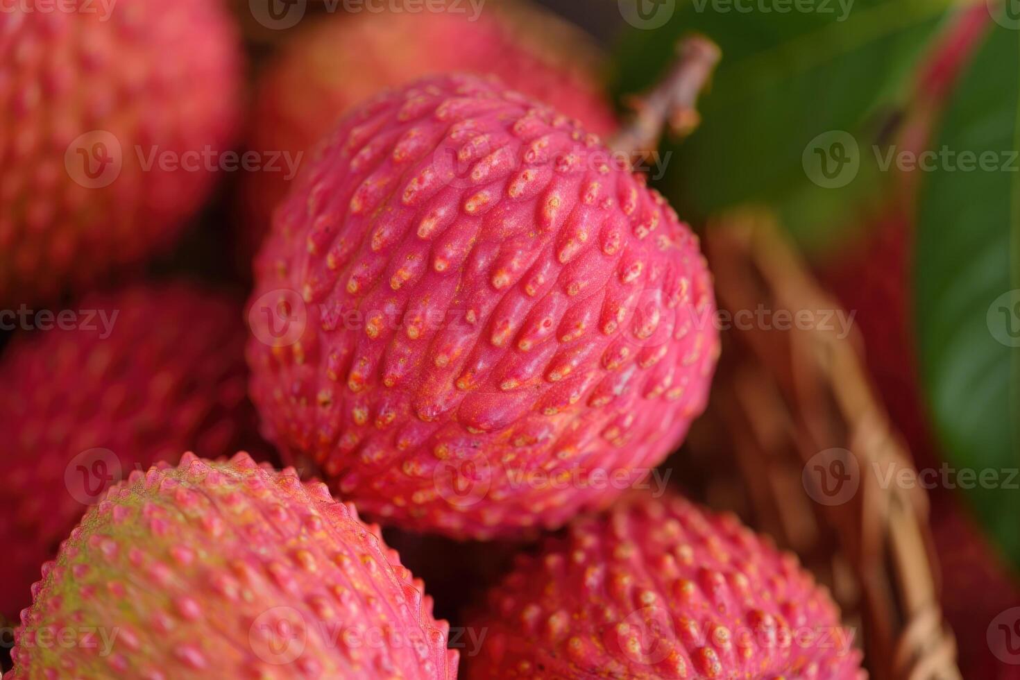 Vibrant close up of fresh lychee fruit, showcasing its texture and color. photo