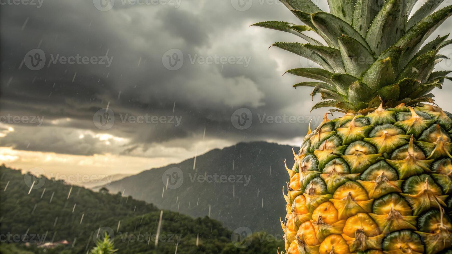 A pineapple in the rain against a backdrop of mountains and a stormy sky. photo