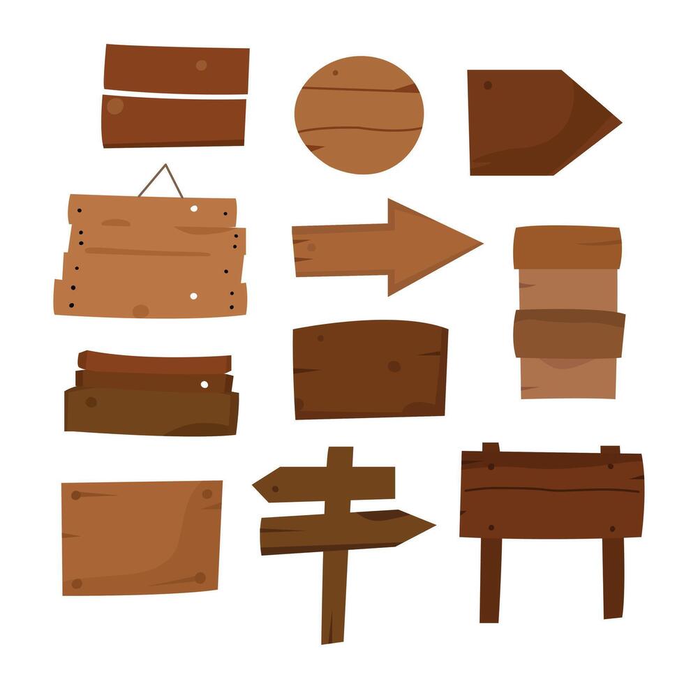 Set of cartoon wooden signs and planks in various shapes. Flat style on white background. vector