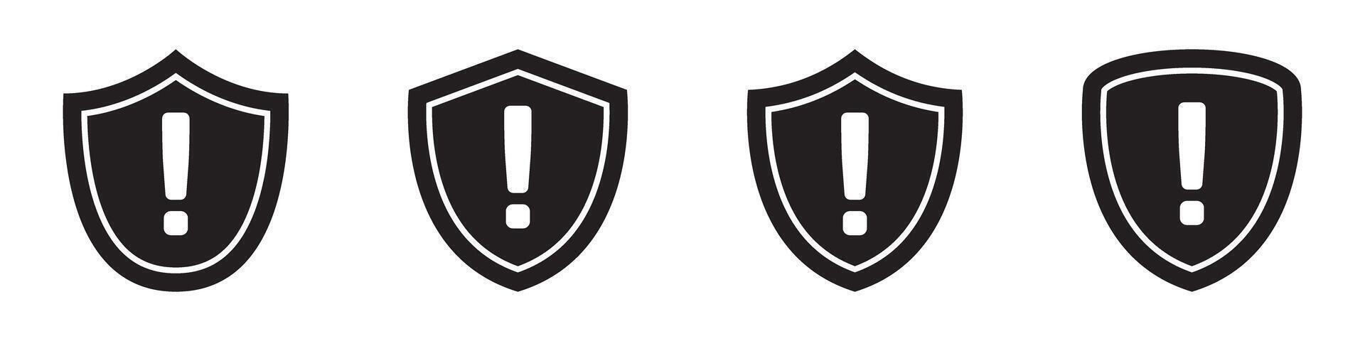 Security shield with exclamation mark icon, warning icons set. vector