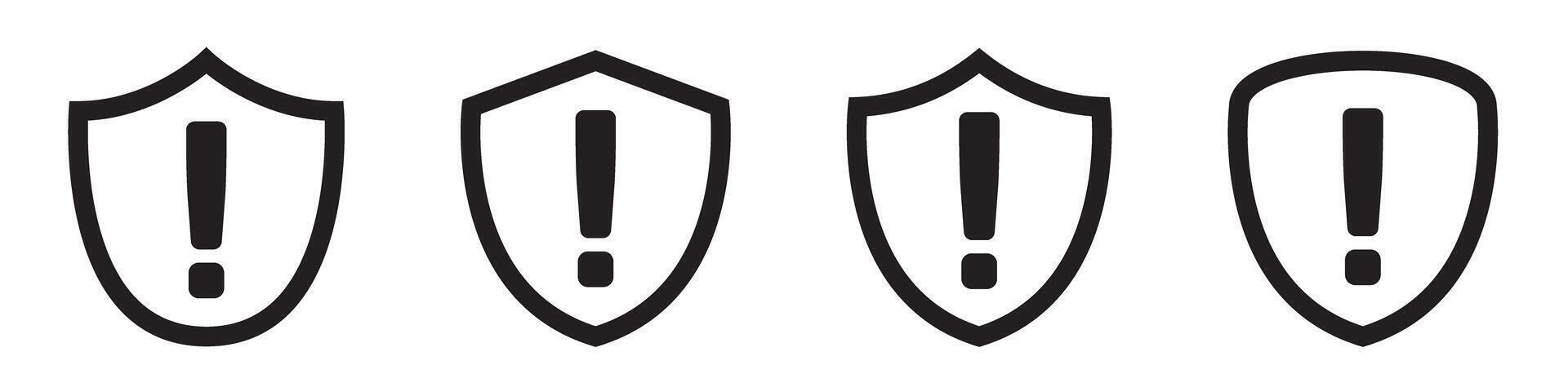 Warning icons set. Security shield with exclamation mark icon. vector