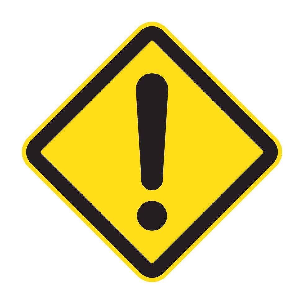 Yellow diamond warning sign with black exclamation mark. Generic caution symbol used in traffic, safety alerts, or hazard zones. vector