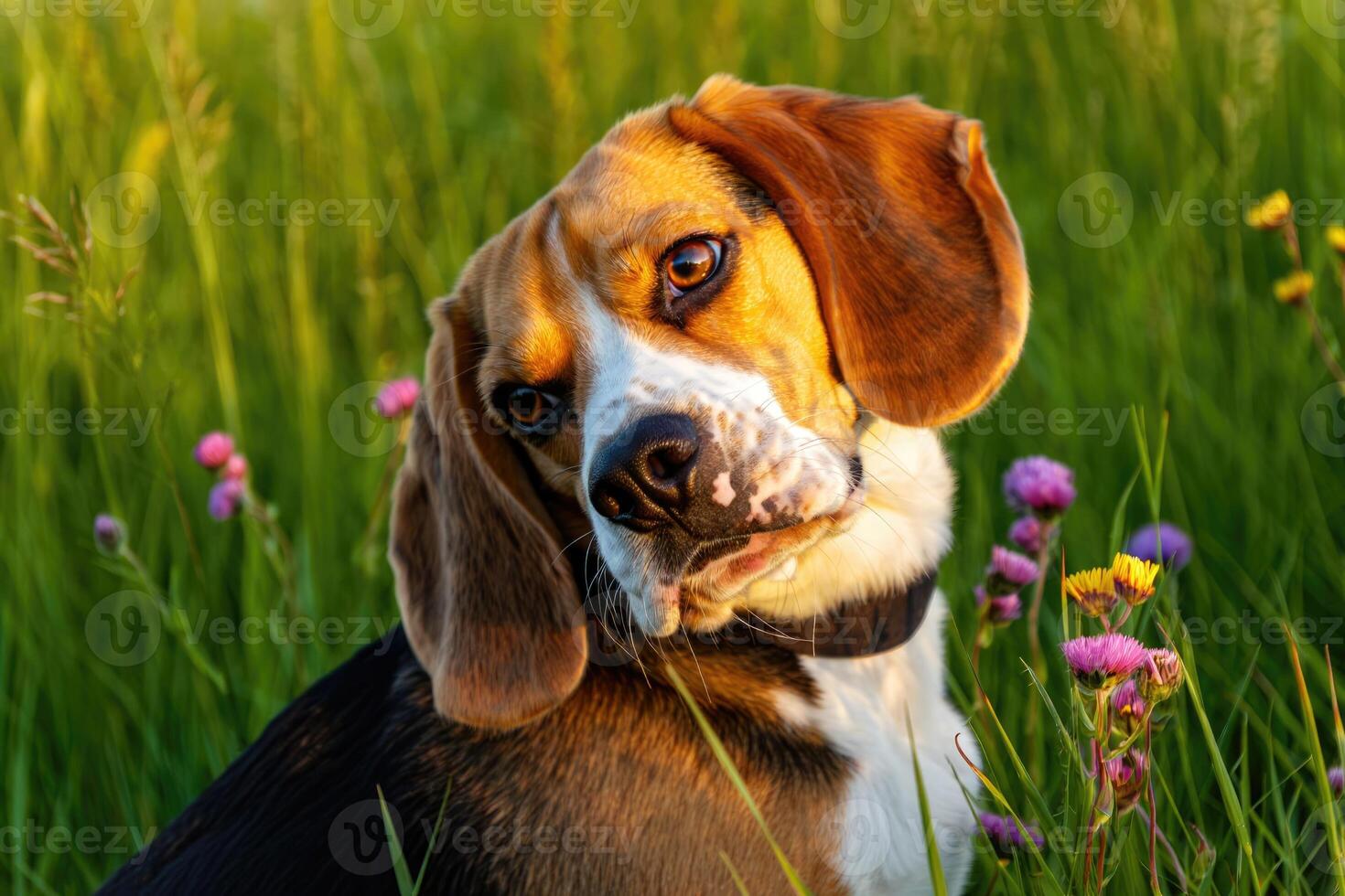 A curious beagle dog tilting its head playfully in a vibrant green field of grass and flowers. photo