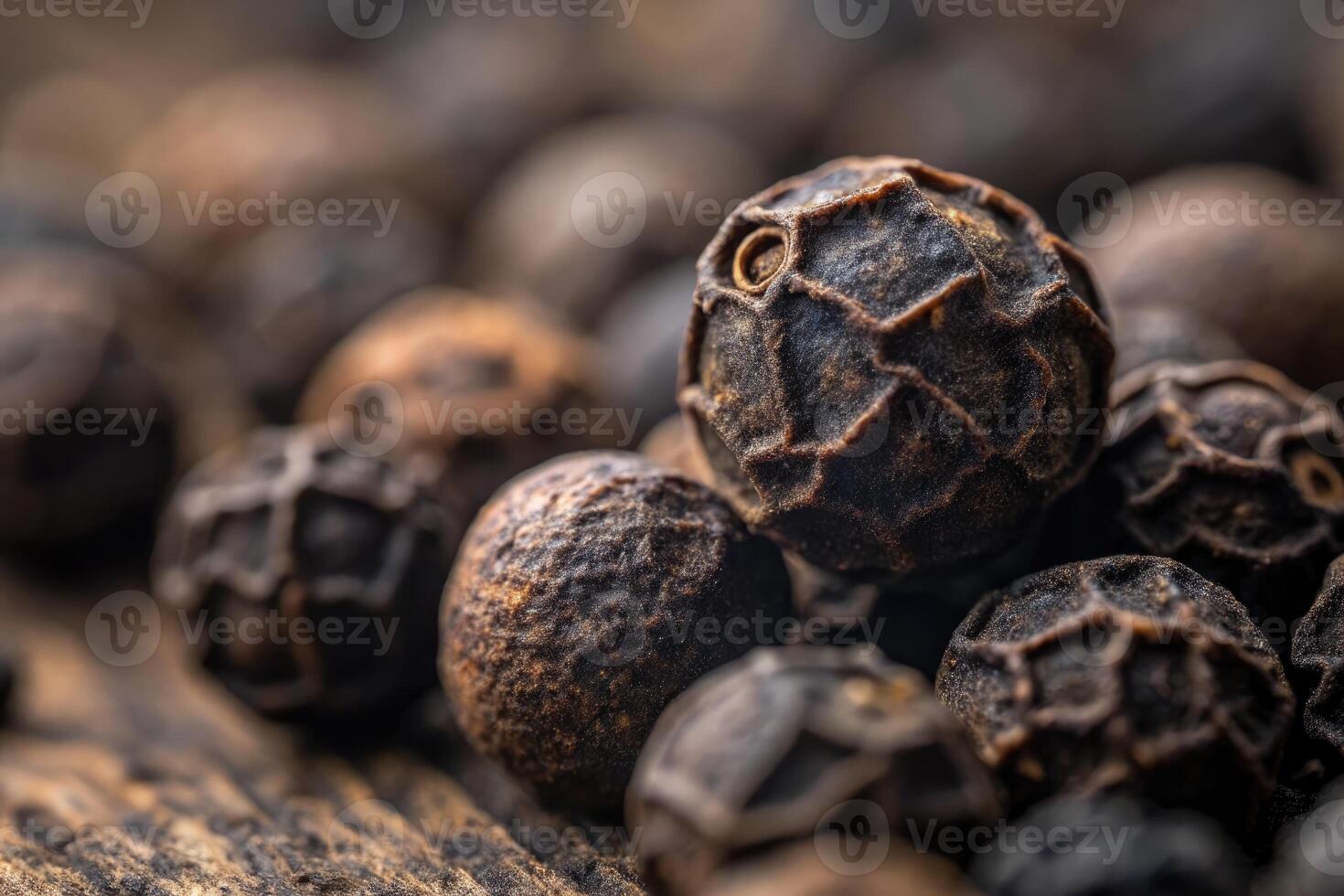 Close up of black peppercorns, showcasing texture and detail, perfect for culinary imagery. photo