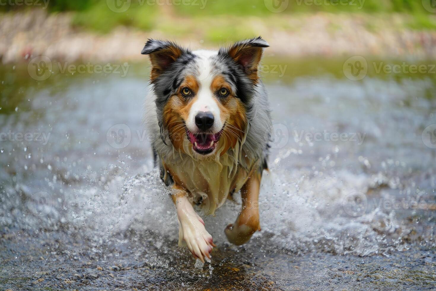 An Australian Shepherd splashes through water, radiating pure joy and energy with a vibrant, close up shot. photo