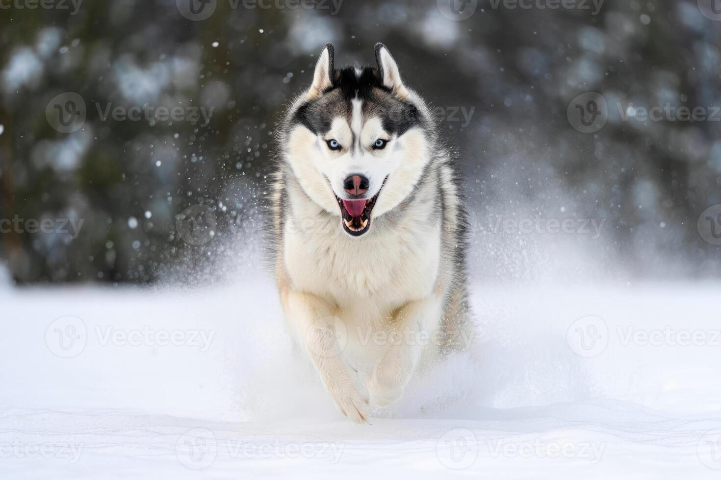 A happy husky dog runs through the snow in a winter wonderland. photo