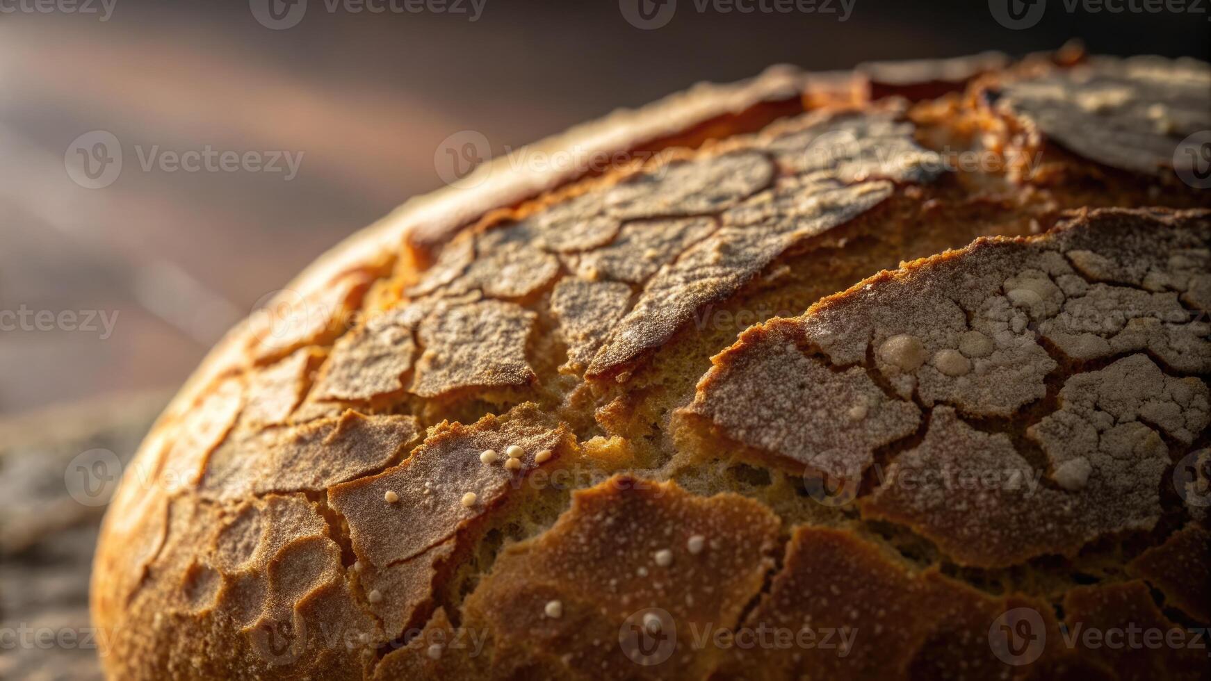 A close up of a fresh, rustic loaf of golden brown bread with a beautiful crust. photo