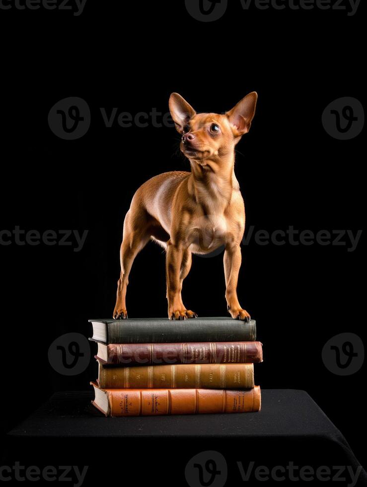 A curious dog poses on a stack of vintage books, ready to learn. photo