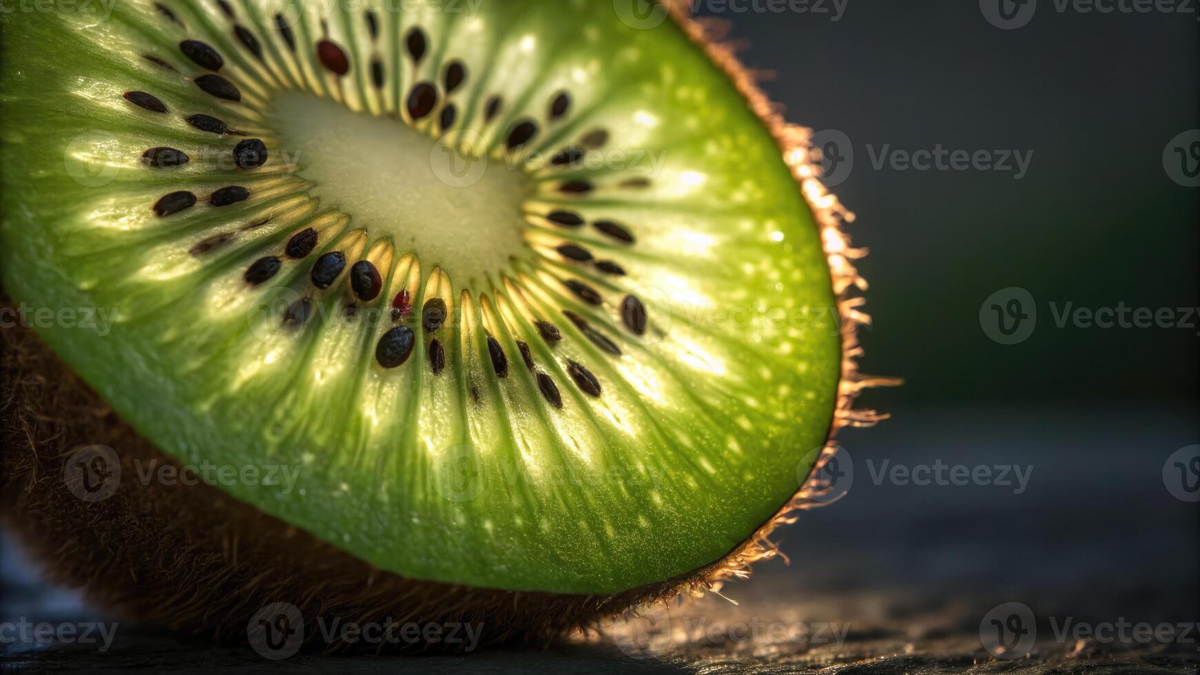 A close up view of a fresh kiwi fruit slice, highlighting its green color and details. photo