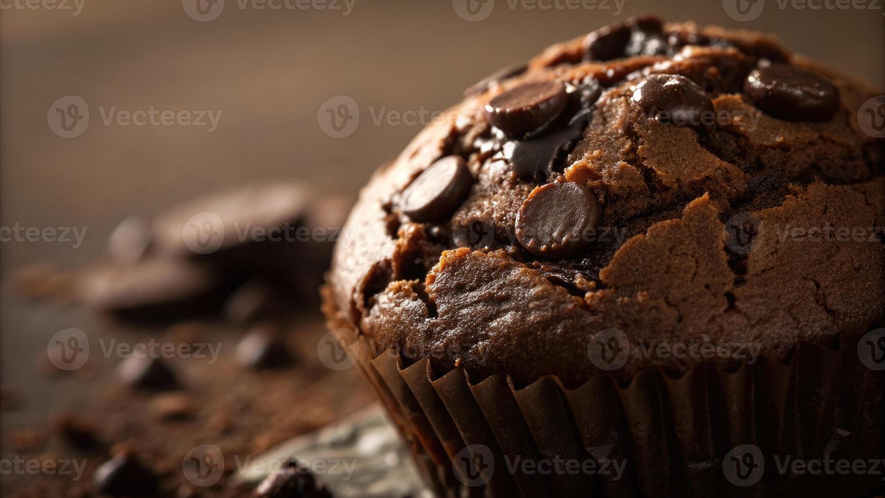 A close up shot of a fresh chocolate chip muffin, ready to be enjoyed. photo