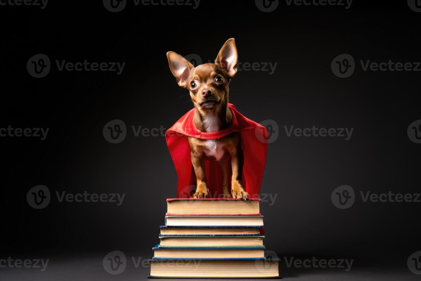 A chihuahua dressed as a superhero, standing on a stack of books. photo