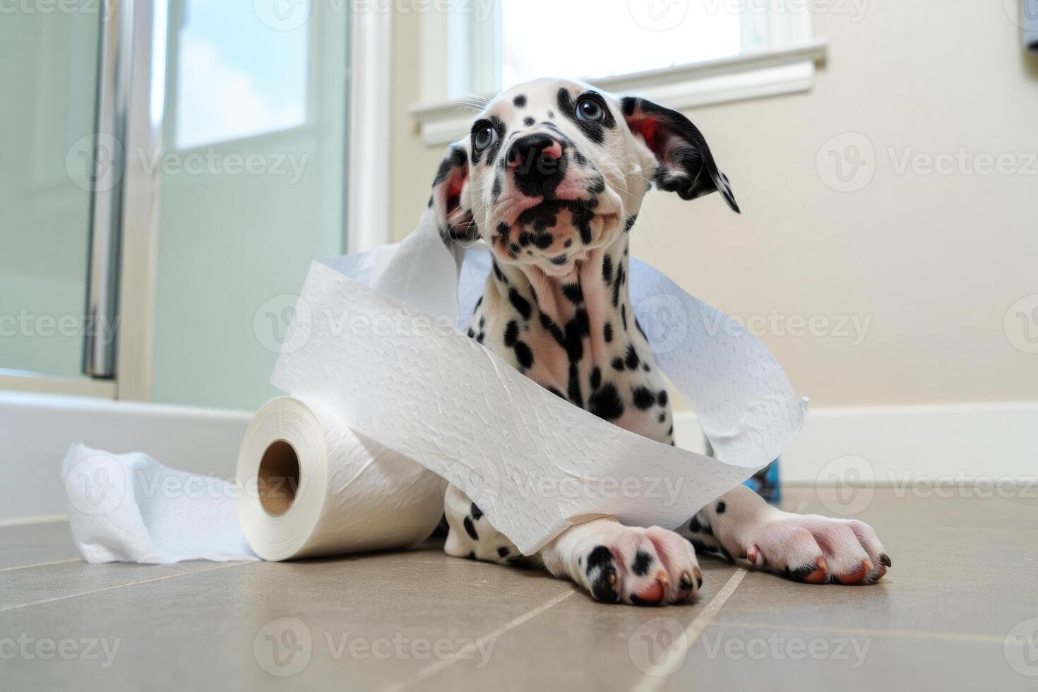 A cute Dalmatian puppy gets into some mischief with toilet paper in the bathroom. photo