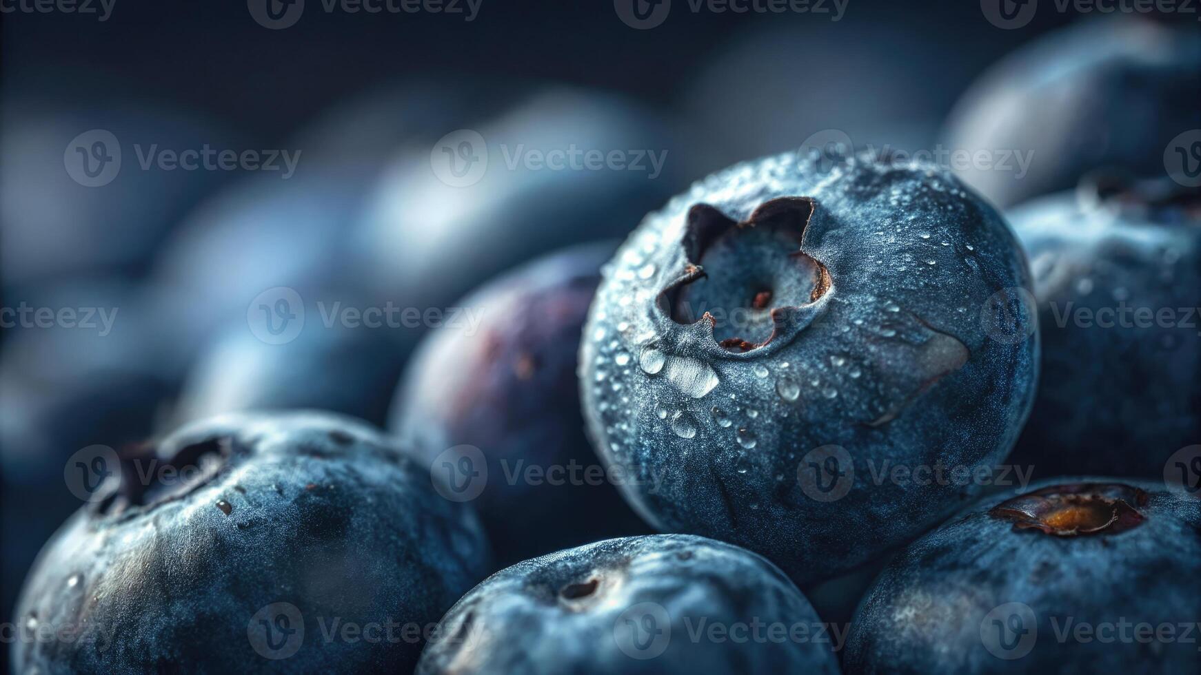A close up shot of fresh blueberries, covered in tiny water droplets. photo