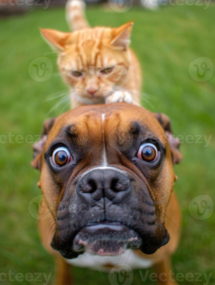 A surprised boxer dog has a cat sitting on its head in a funny, close up shot. photo