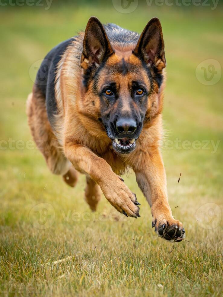 A German shepherd dog sprints through the air on a sunny day in a grassy field. photo