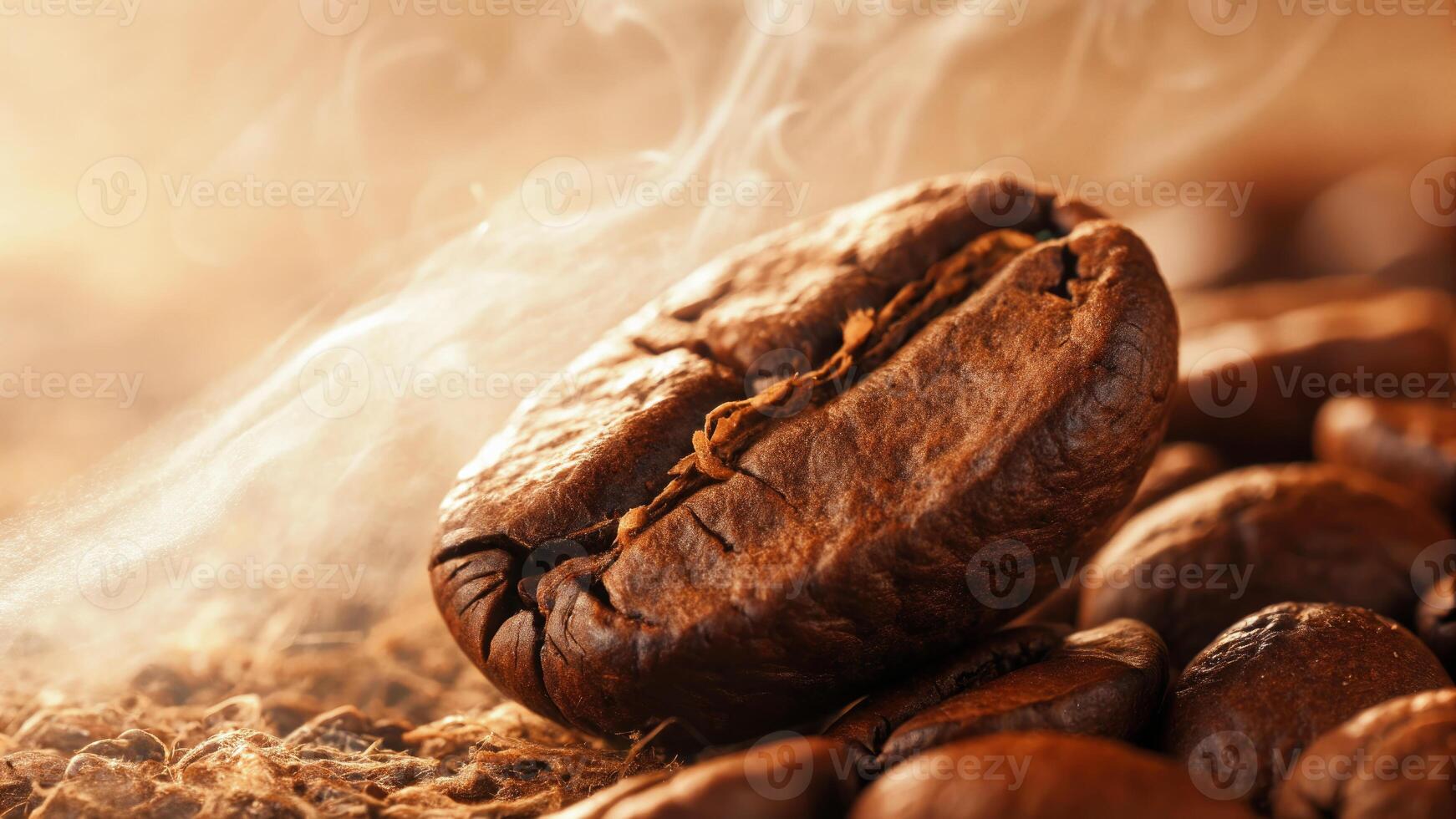 Steaming coffee bean close up, showcasing rich texture and inviting aroma. photo