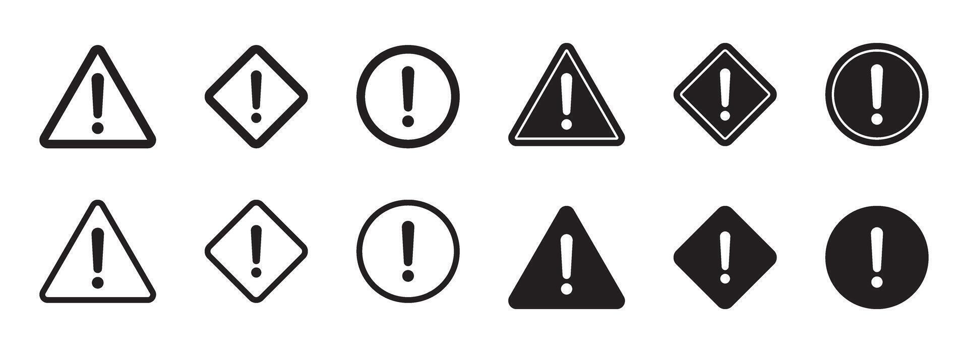 Alert icon. Warning sign and symbol. Exclamation mark in triangle, rombus and circle. vector