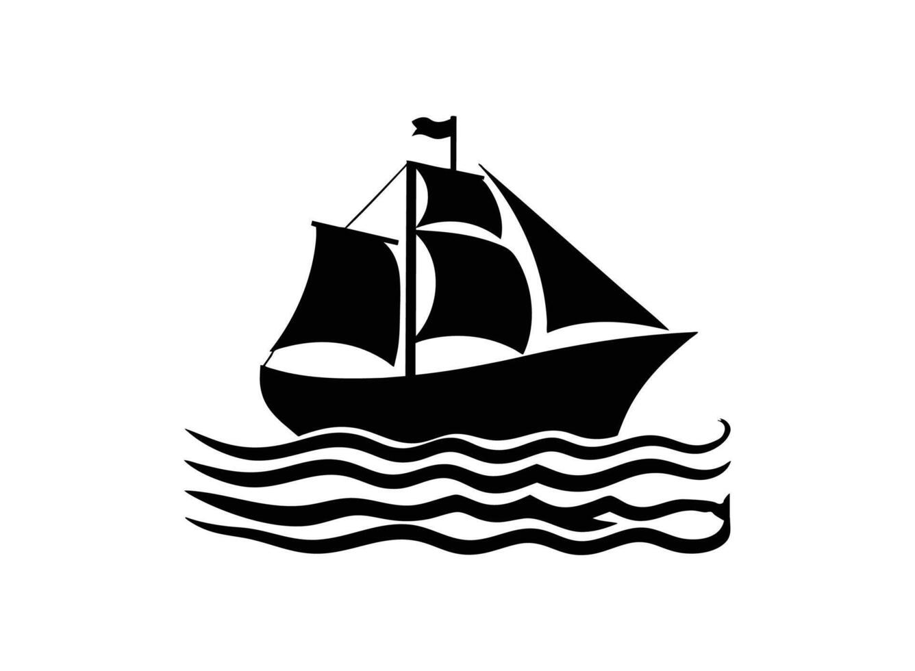 Black silhouette of a sailing ship on waves vector