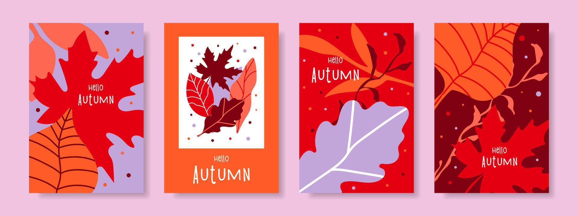Set of abstract autumn cards, posters, covers with bright autumn leaves. Autumn web banner, flyer design. Social media template. vector
