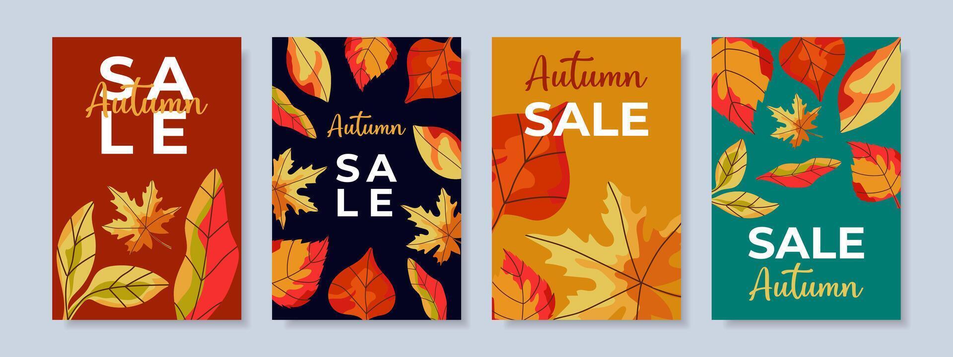 Set of autumn templates with bright autumn leaves for autumn discounts, advertising, postcards or web banner. vector