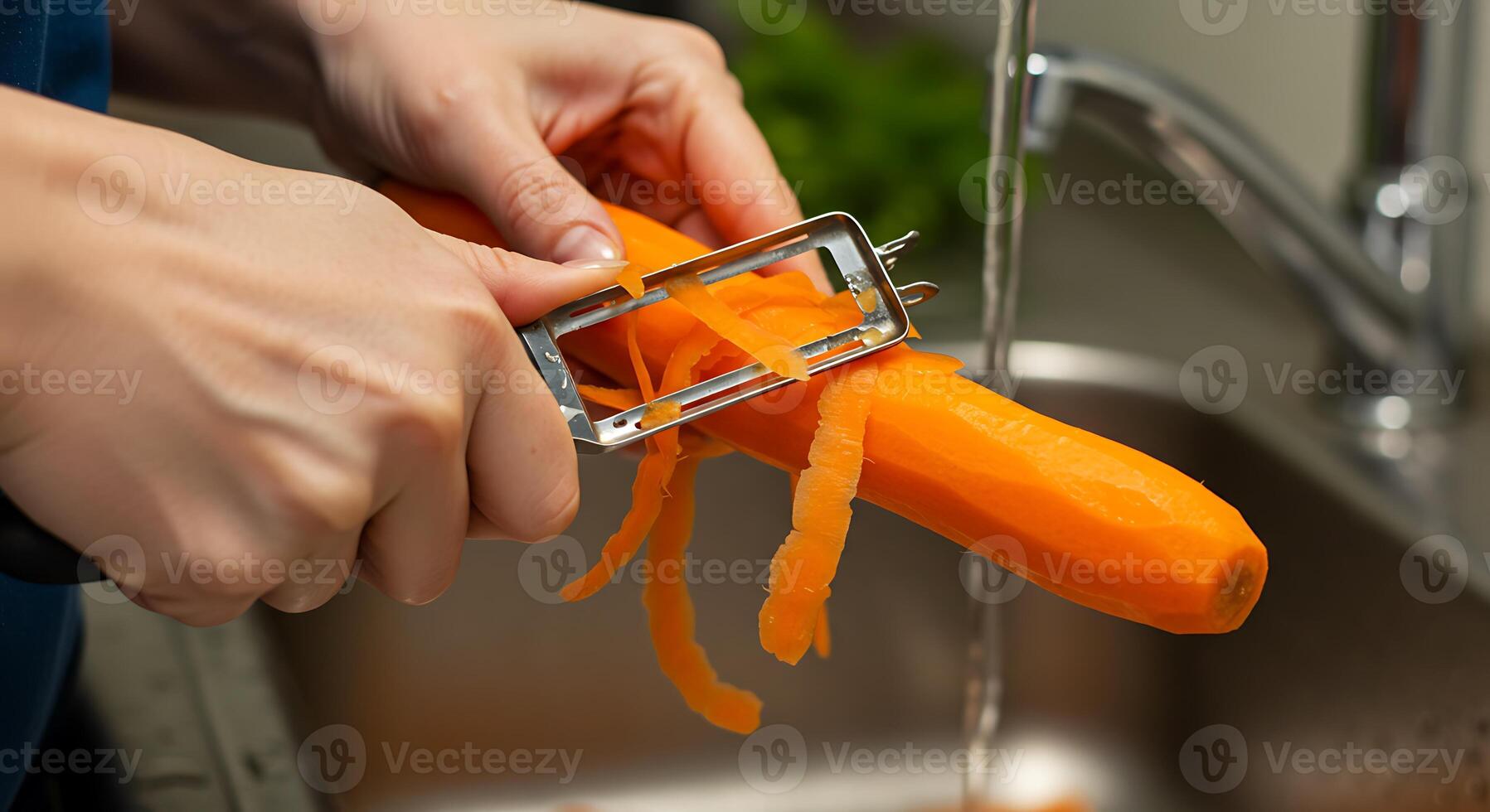 Woman Peeling a Carrot in the Kitchen Sink photo