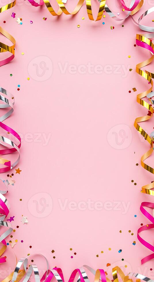 Pink Party Background with Colorful Ribbons and Confetti photo